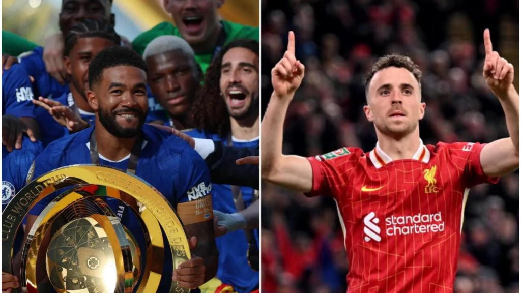 Los jugadores del Chelsea levantan el Mundial de Clubes a la izquierda; Diogo Jota, a la derecha.