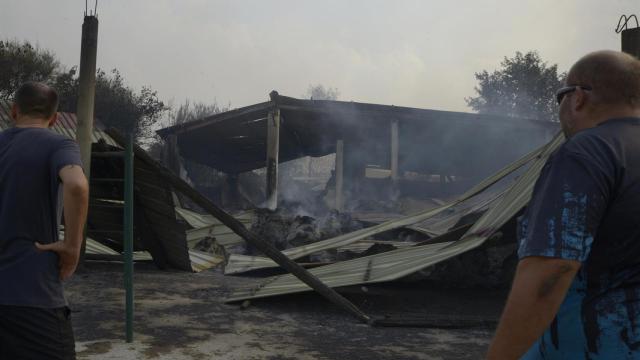 Dos ganaderos observan el estado de su granja tras el paso del fuego, a 13 de agosto de 2025, en Cova, Pobra de Trives, Ourense, Galicia (España)