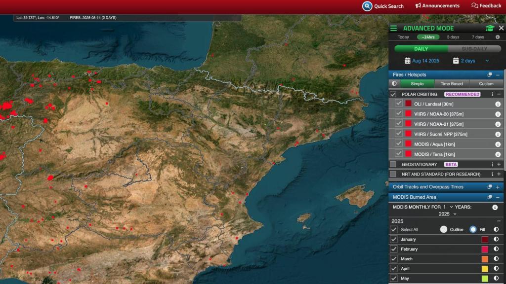 Modo avanzado del mapa FIRMS.
