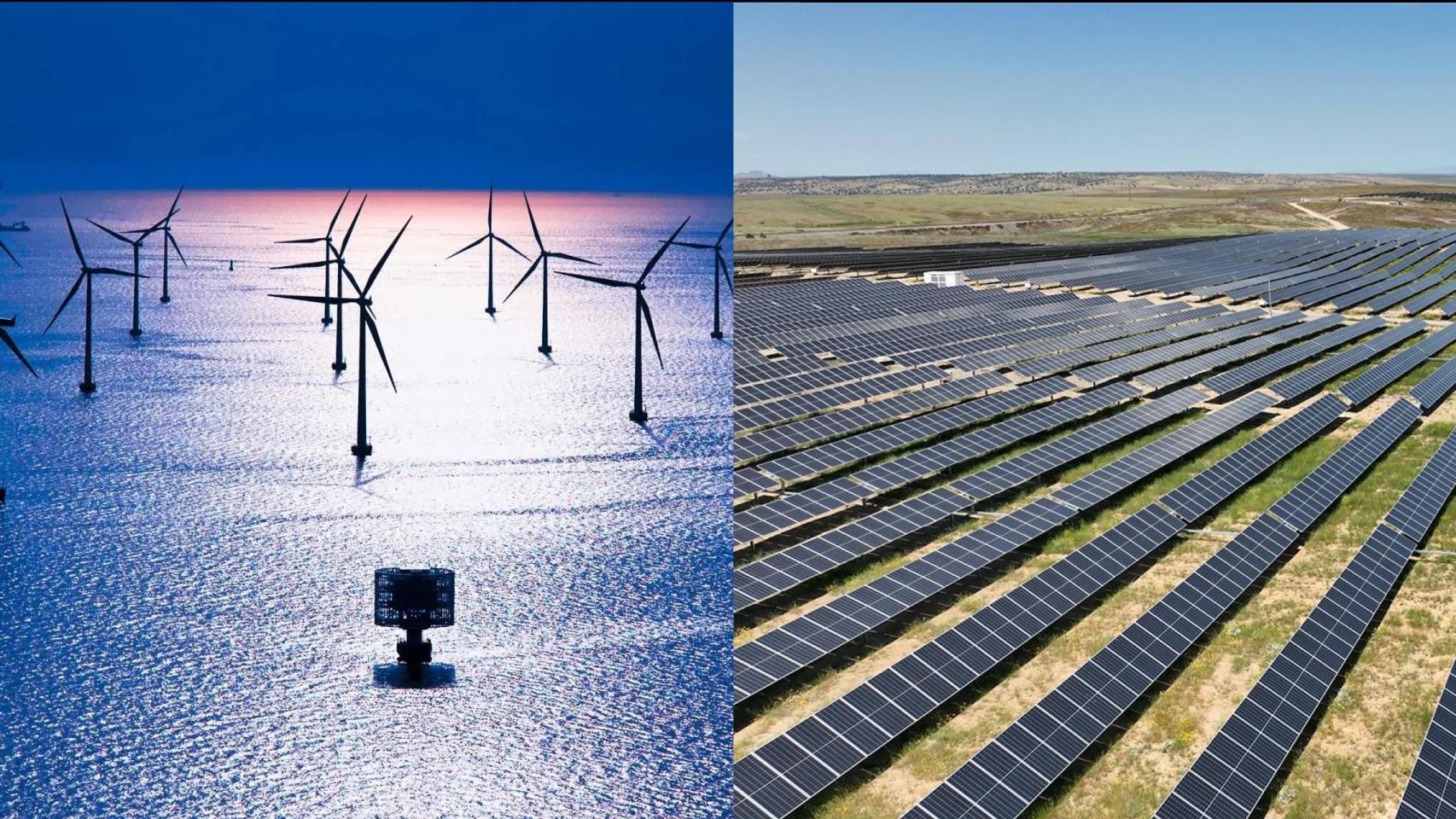 Fotomontaje de un parque fotovoltaico en Badajoz y parque eólico marino en Escocia