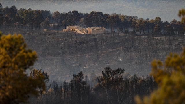 Una construcción afectada por el incendio de Teresa de Cofrentes (Valencia). Efe / Manuel Bruque