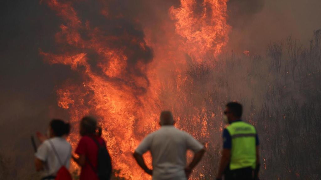 Varias personas luchan contra las llamas del incendio de A Gudiña (Orense), este jueves.