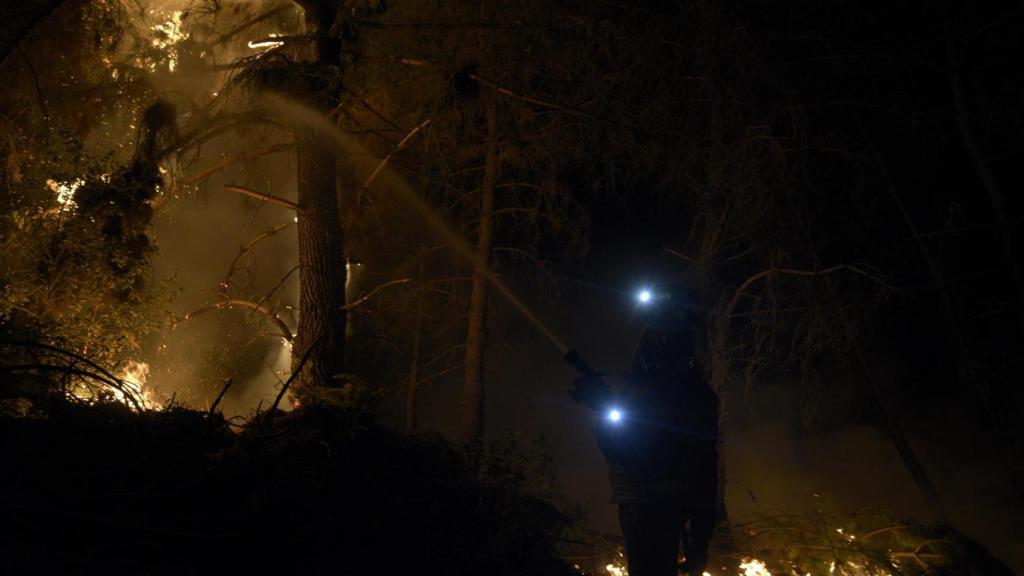 Bomberos forestales tratan de extinguir el fuego en Vences, en Monterrei