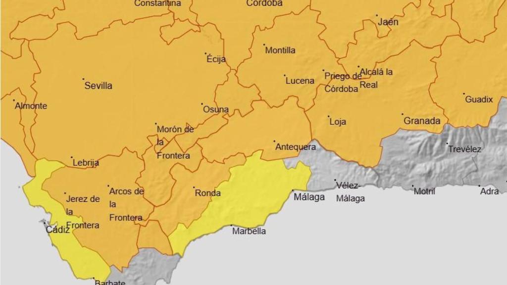Mapa de avisos por calor de la Aemet este domingo en Málaga.