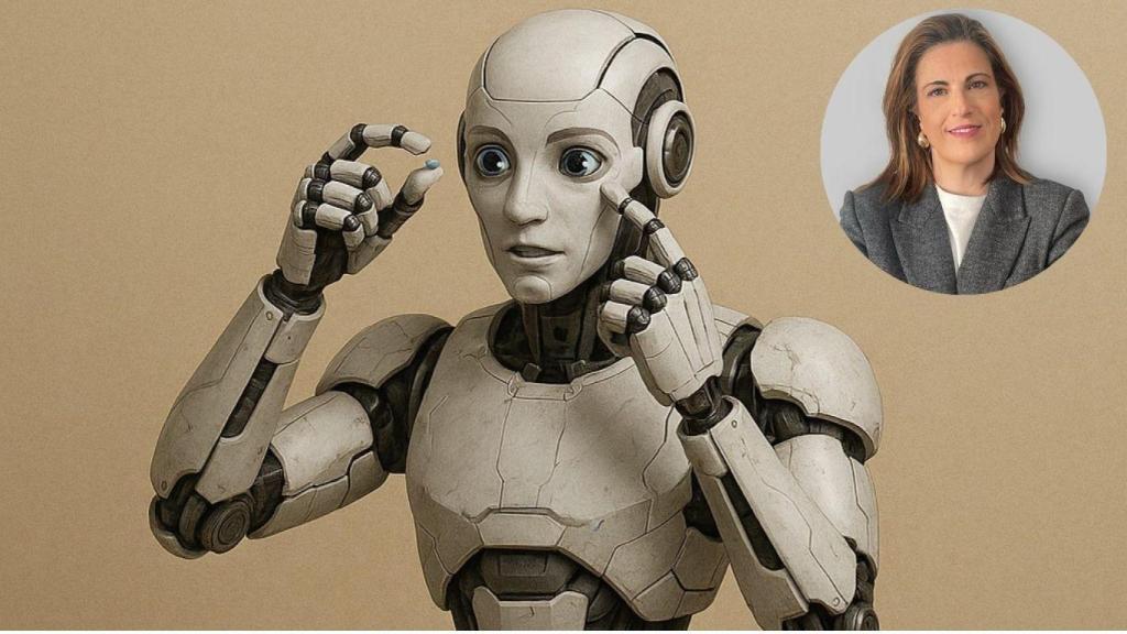 Fotomontaje de Carmen Díaz Soloaga y un robot con una lentilla en la mano.