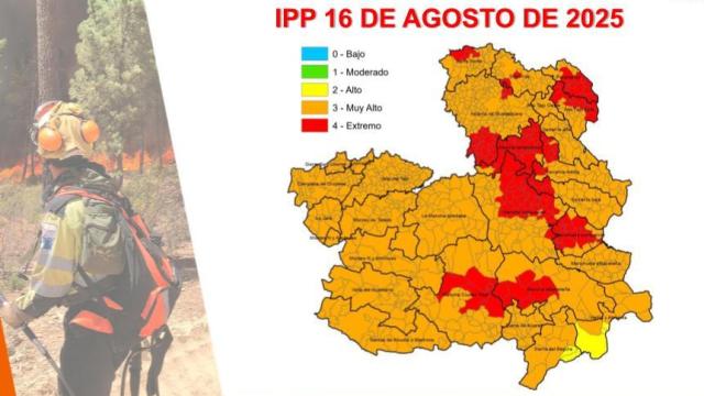 Índice de Propagación Potencial de Incendios Forestales para el sábado 16 de agosto en Castilla-La Mancha.