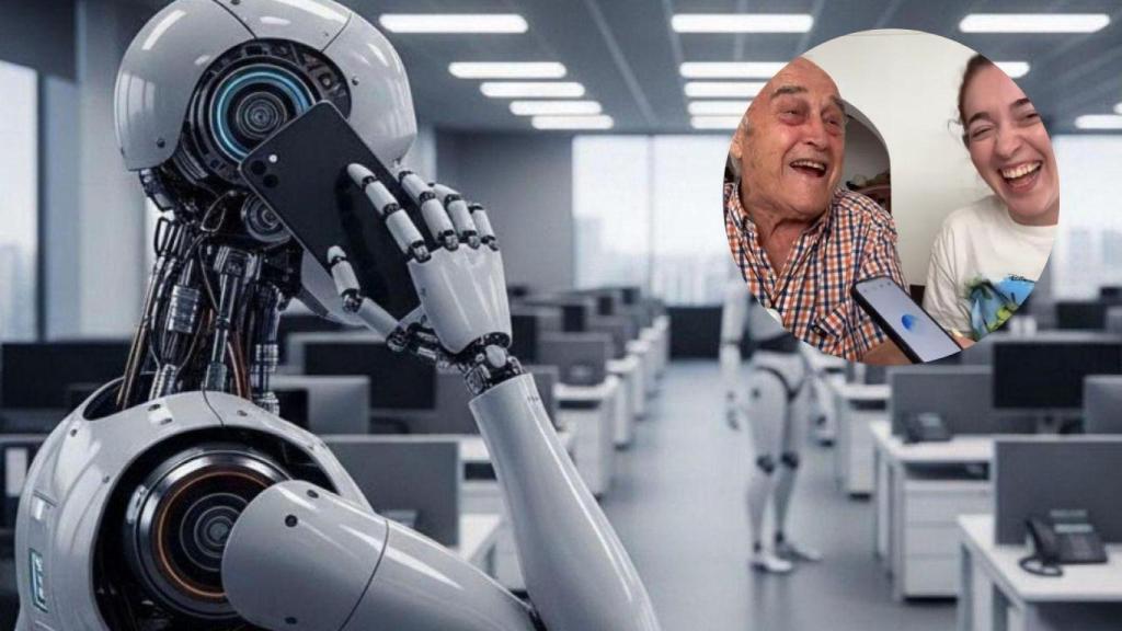 Fotomontaje de un robot hablando por teléfono y Esther junto a su abuelo.