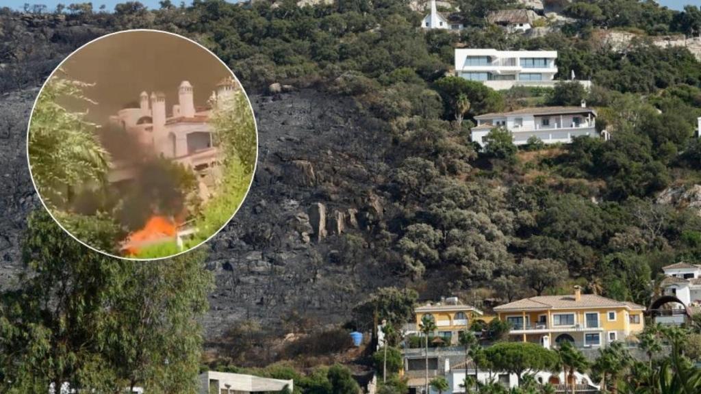 Parte del terreno incendiado de Tarifa. Sobreimpresionadas, imágenes del fuego dentro de una urbanización.