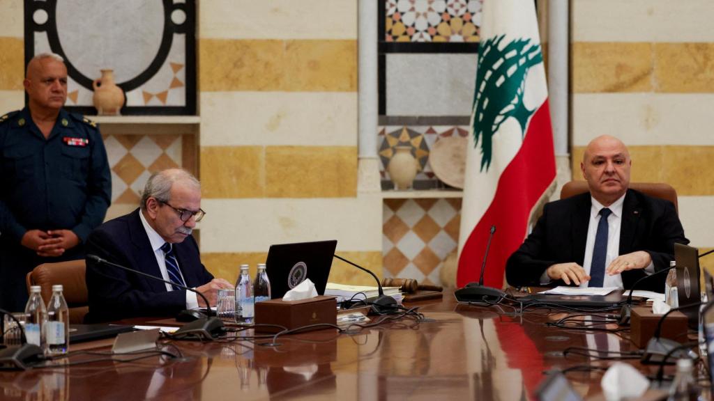 President Joseph Aoun and Prime Minister Nawaf Salam attend discuss efforts to put all the country's weapons under state control, at the Presidential Palace in Baabda, Lebanon.