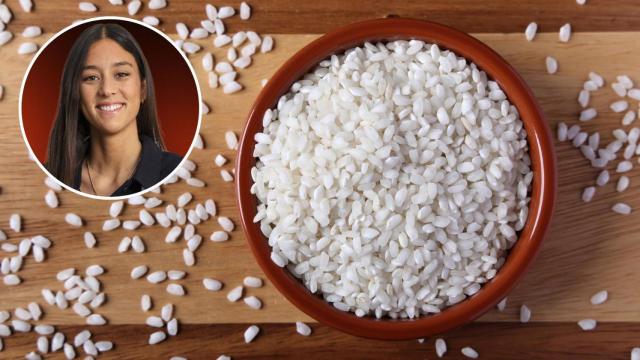 Un montaje de María Lo y un bol de arroz blanco.