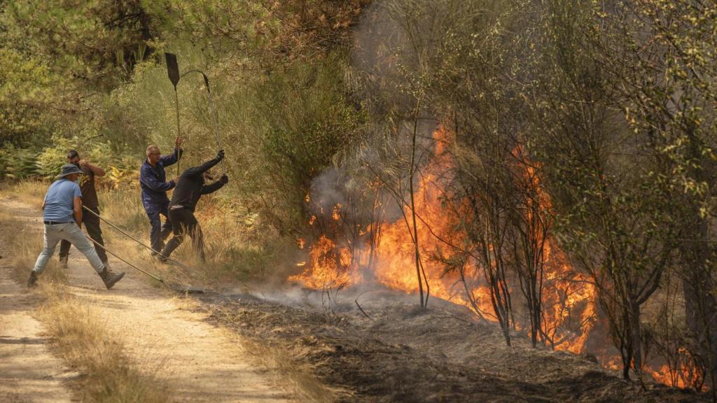 Unos vecinos trabajan en labores de extinción del incendio forestal de Cualedro (Ourense) este domingo.