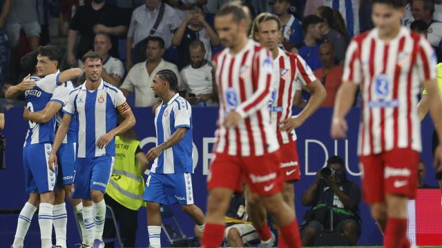 Los jugadores del Espanyol celebran el gol de Miguel Ángel Rubio ante el Atlético de Madrid.