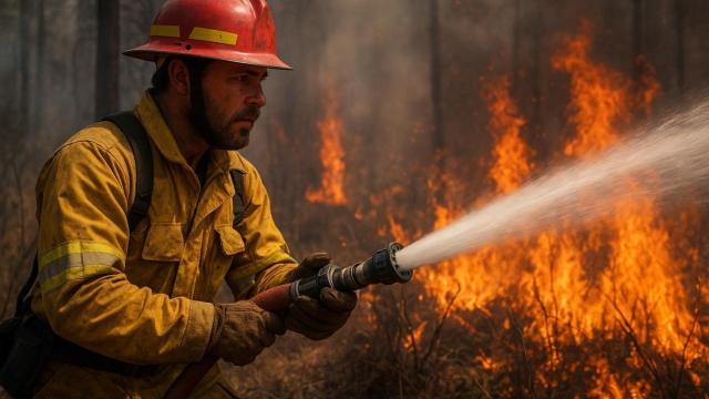 Imagen generada por IA de un bombero trabajando.