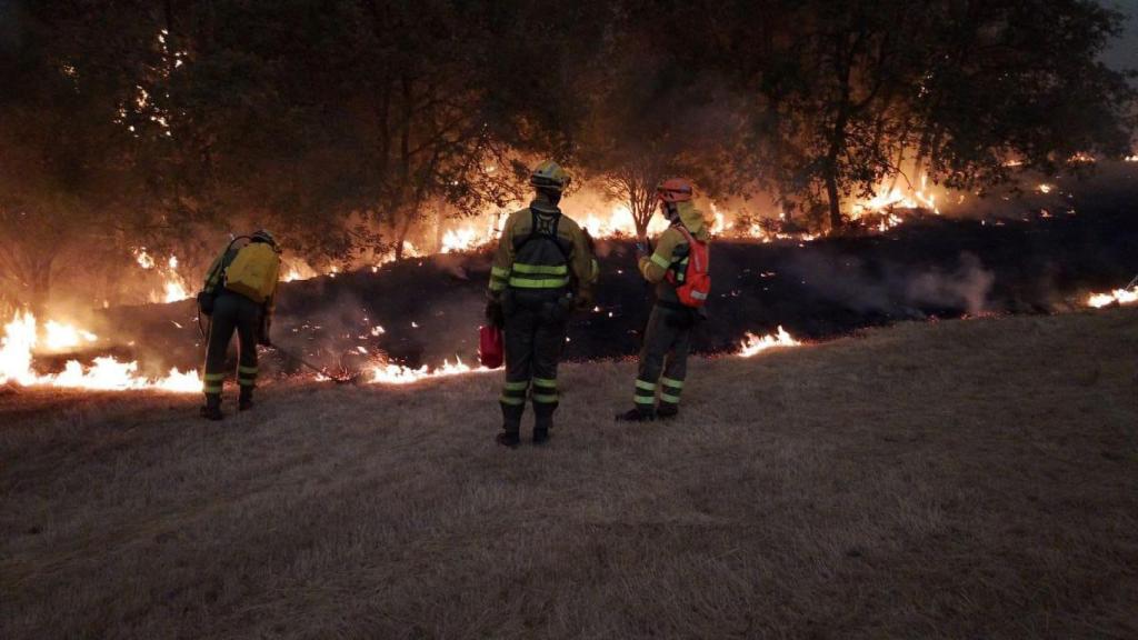 Miembros del servicio de Medio Ambiente de la Junta ejecutan cortafuegos en el incendio entre Zamora y Ourense