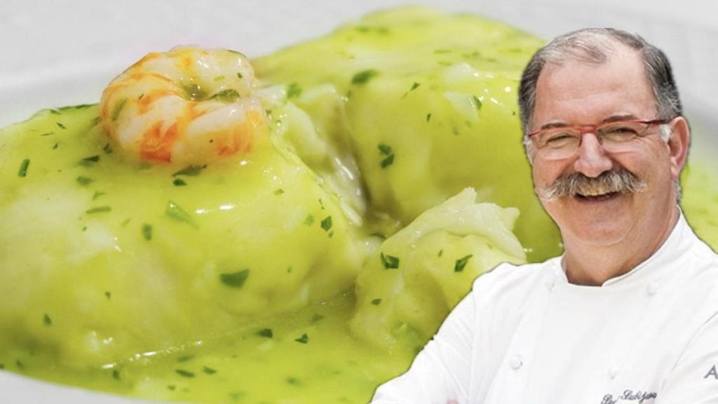 El chef Pedro Subijana y un plato de merluza en salsa verde.