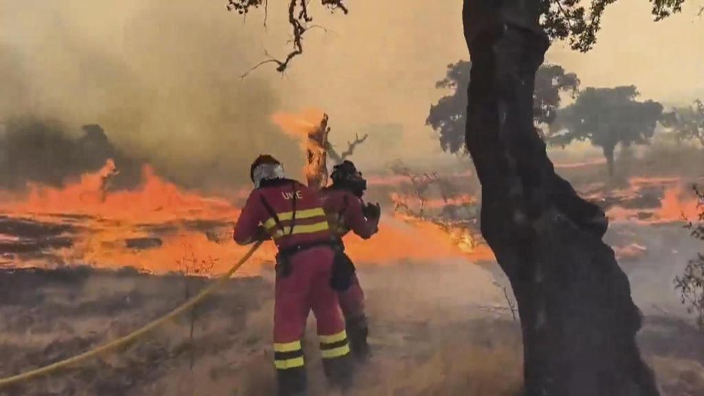 Imagen de vídeo de la UME que muestra el avance del incendio forestal de Jarilla (Cáceres), que tiene un perímetro de 130 kilómetros.