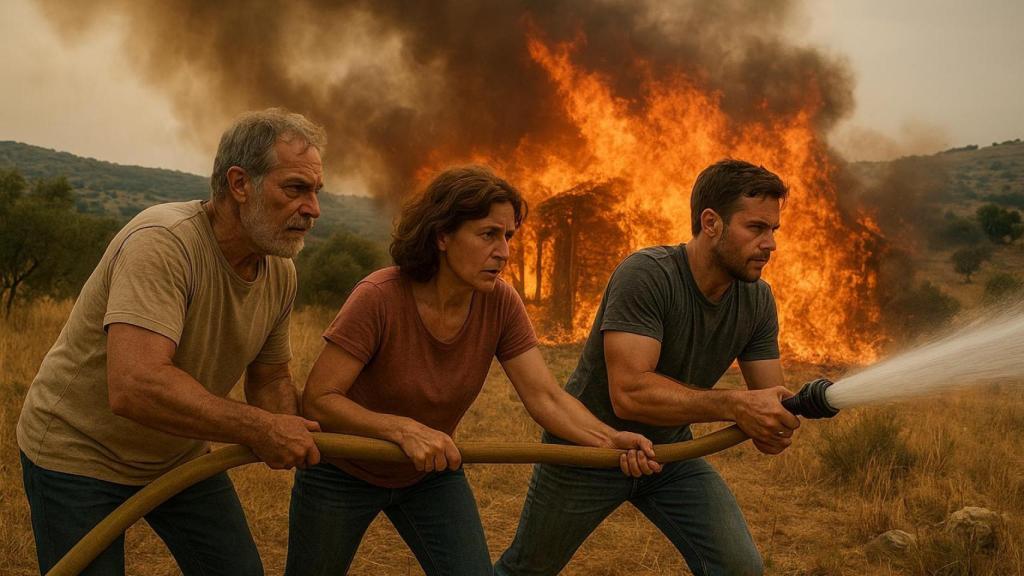 Imagen generada por IA de unos vecinos luchando con el fuego.