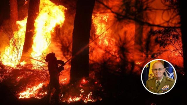 Montaje con un incendio en Castilla y León y Juan Montenegro, ex teniente general de la UME.