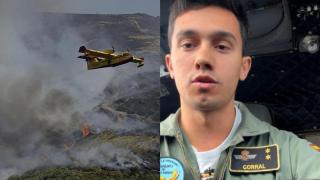 Montaje con hidroavión apagando un incendio y Rubén Corral (25), piloto.