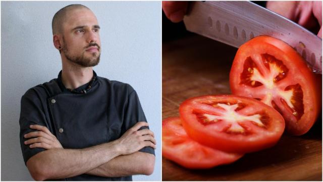 Montaje con el chef David Guibert y, a su lado, varios tomates cortados.