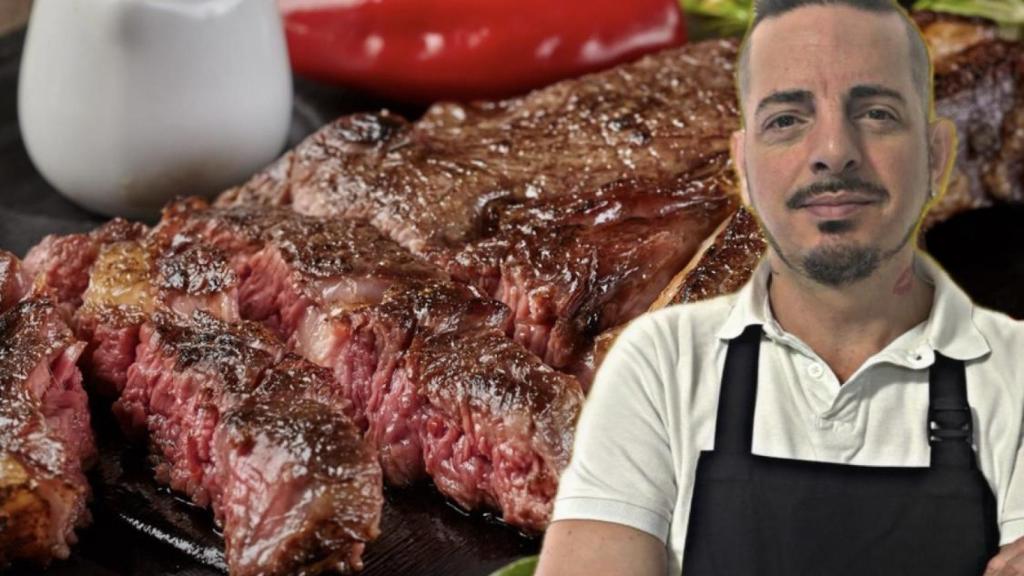 El carnicero Mariano Sánchez y plato con un entrecot.