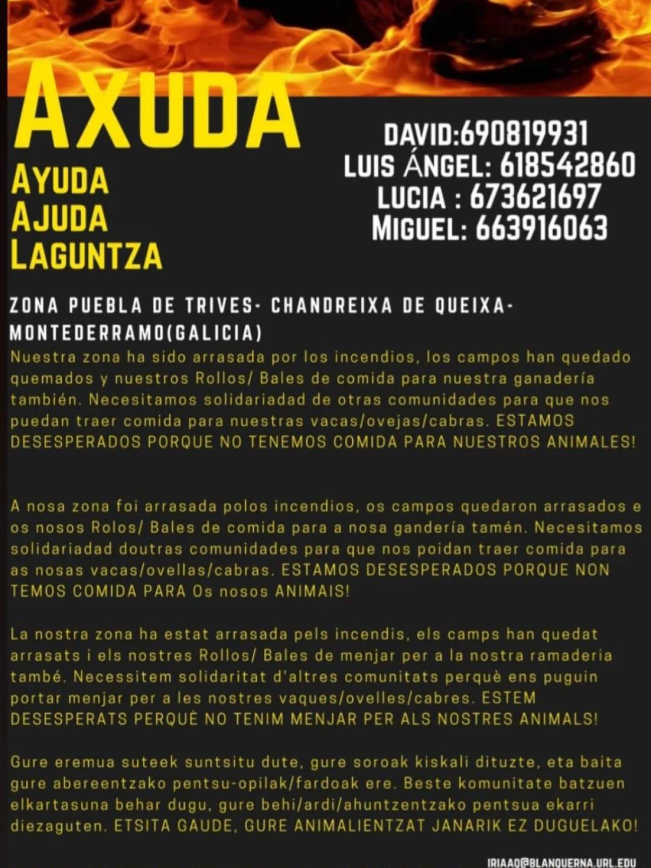 Cartel y contactos para enviar ayuda a los animales de Ourense.