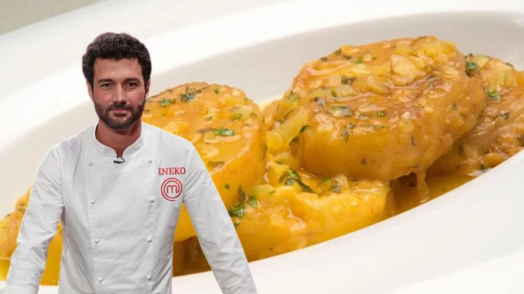 Montaje de Eneko y un plato de patatas a la importancia.