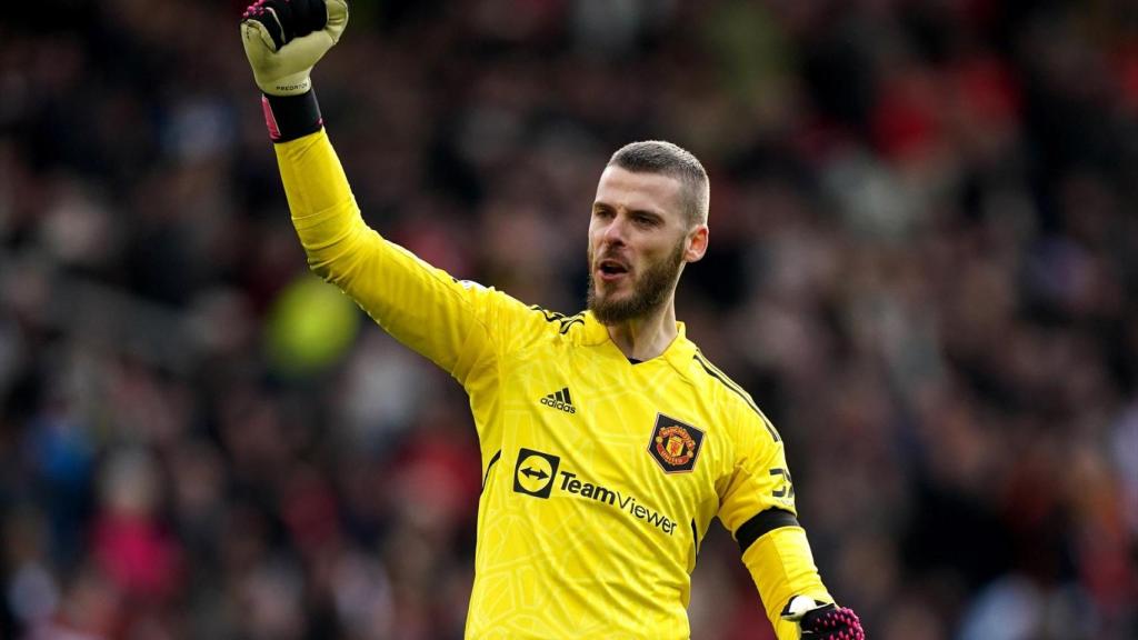 De Gea celebra la victoria ante el Leicester en febrero de 2023.