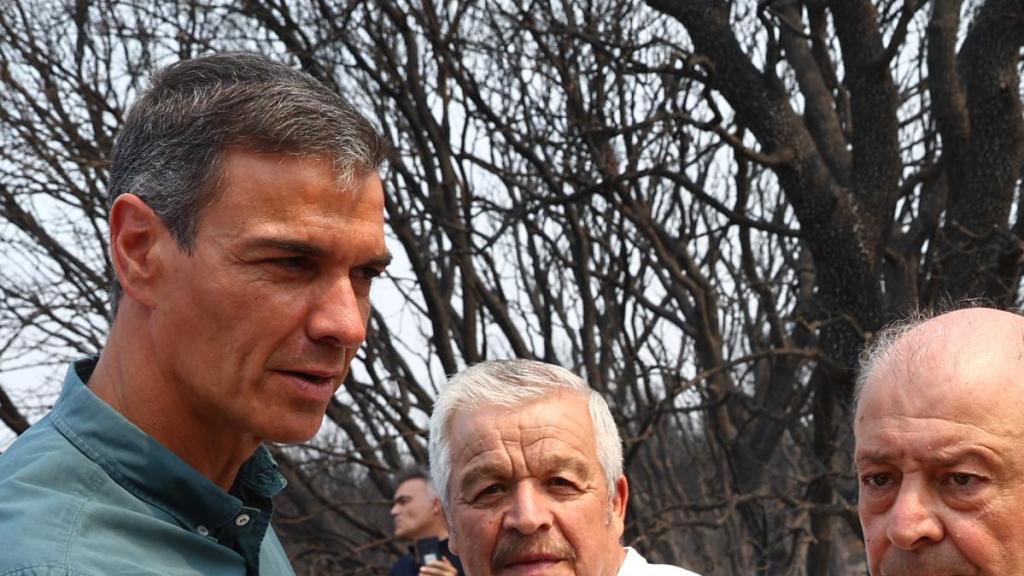El presidente del Gobierno, Pedro Sánchez, estrecha la mano al alcalde de Lubián, Felipe Lubián, en su visita a Molezuelas de la Carballeda