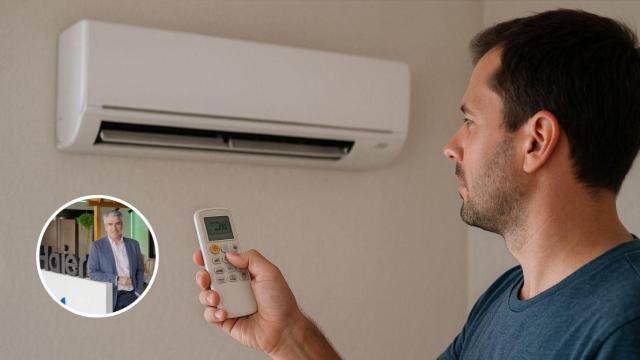 Montaje con hombre encendiendo el aire acondicionado y Pedro Navarro, experto en climatización.