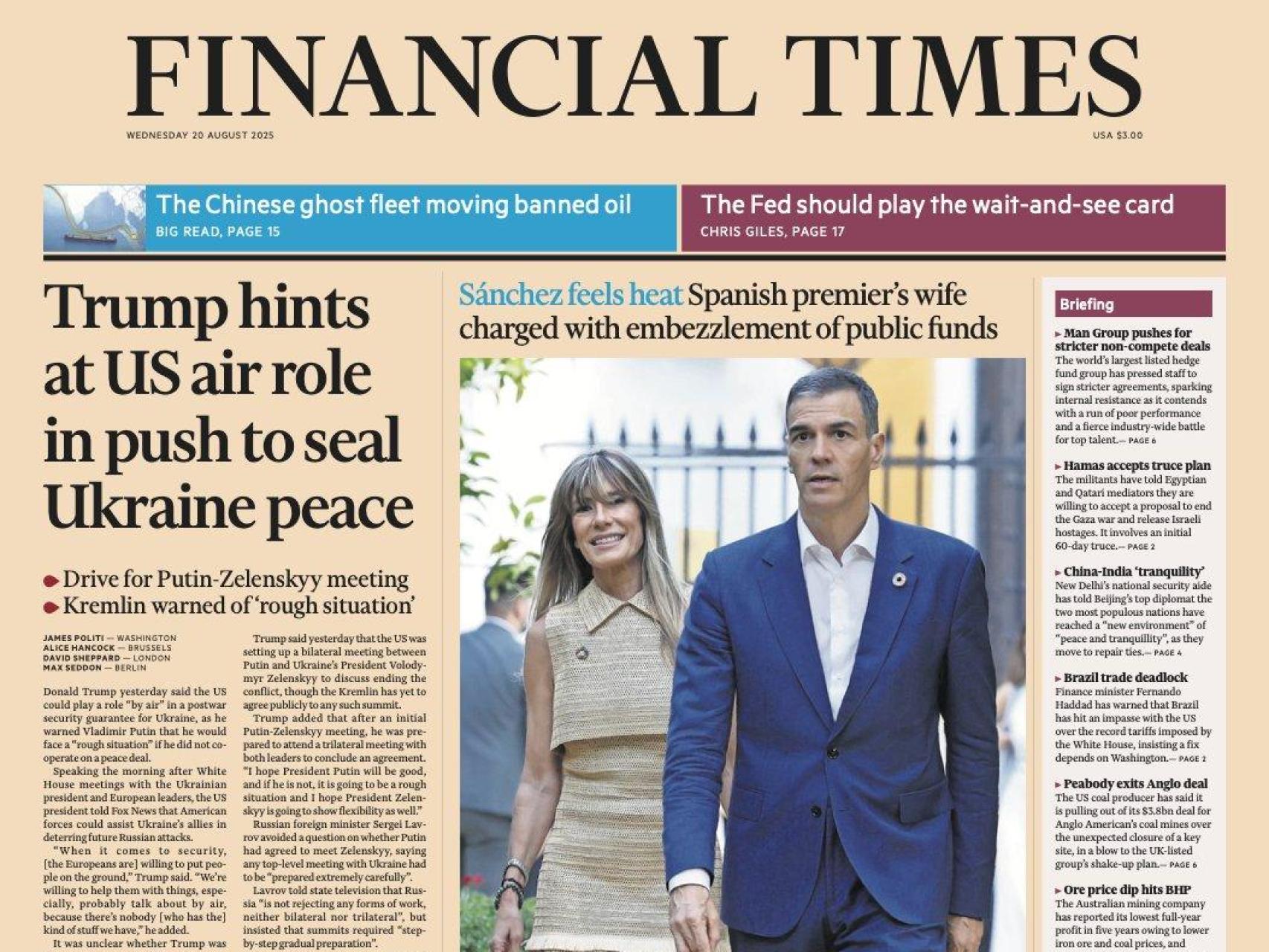 La portada del 'Financial Times' con Pedro Sánchez y Begoña Gómez.