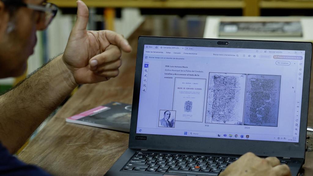 Imagen vista en un ordenador de uno de los dos documentos de 1593 y 1594 que ubican con precisión a Miguel de Cervantes en las localidades onubenses de Paterna del Campo y Bollullos Par del Condado. Foto: José Manuel Vidal / EFE