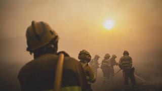 El equipo de extinción de Irene lucha en Valdeinfierno contra el fuego para que no avance y pase al otro lado del camino.