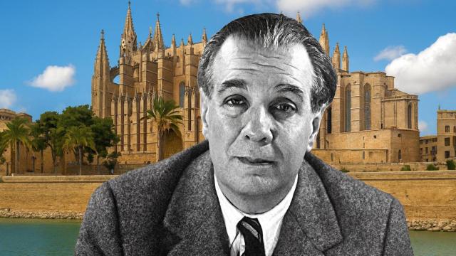 Jorge Luis Borges con la catedral de Mallorca (La Seu) de fondo. Diseño: Gabriel Lavao