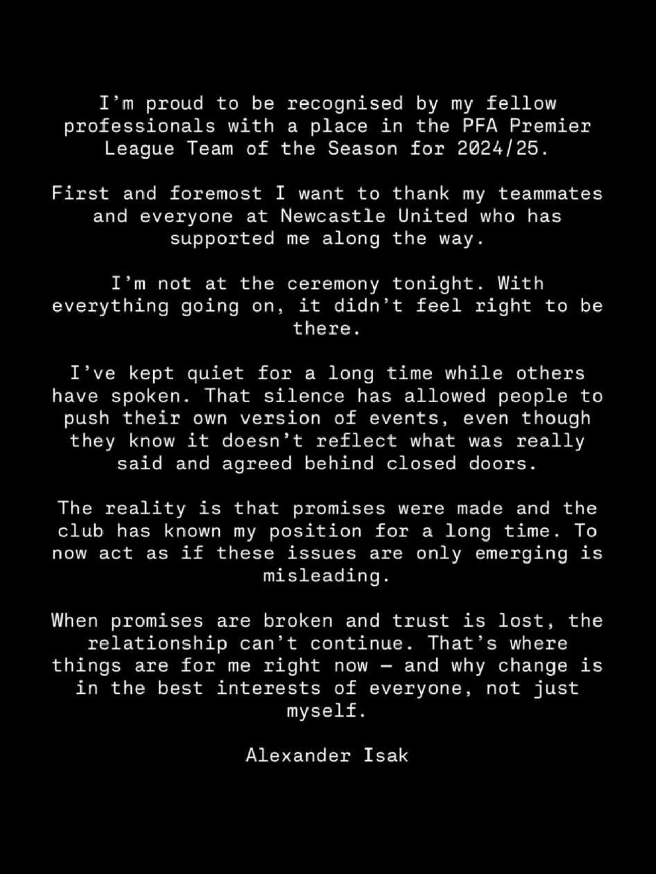 Comunicado de Alexander Isak.