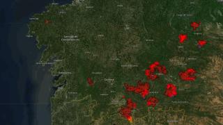 Mapa de superficie quemada por incendios forestales en Galicia, según el sistema de información EFFIS de la UE (programa Copernicus) este miércoles.