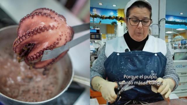 A la izquierda, un pulpo cocido; a la derecha, Maricarmen, pescadera gallega.