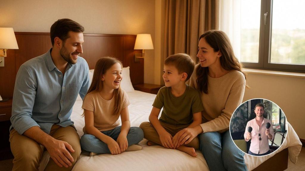 Imagen generada por IA de una familia en un hotel y Javier Sobrino, probador de hoteles.