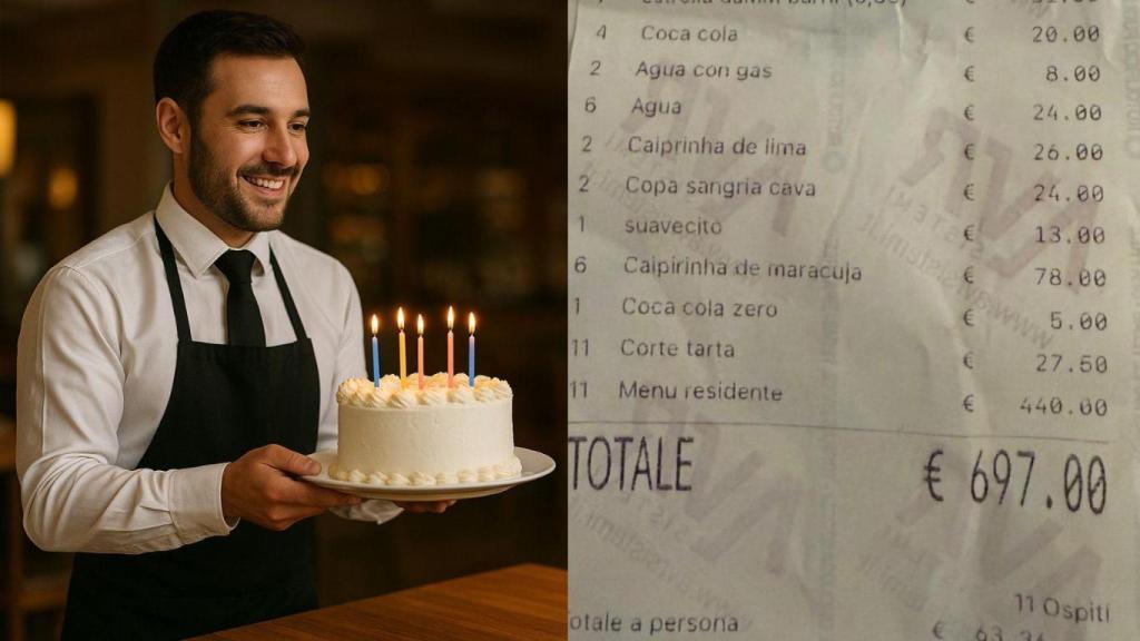 Montaje con un camarero llevando una tarta a la mesa y la factura del restaurante
