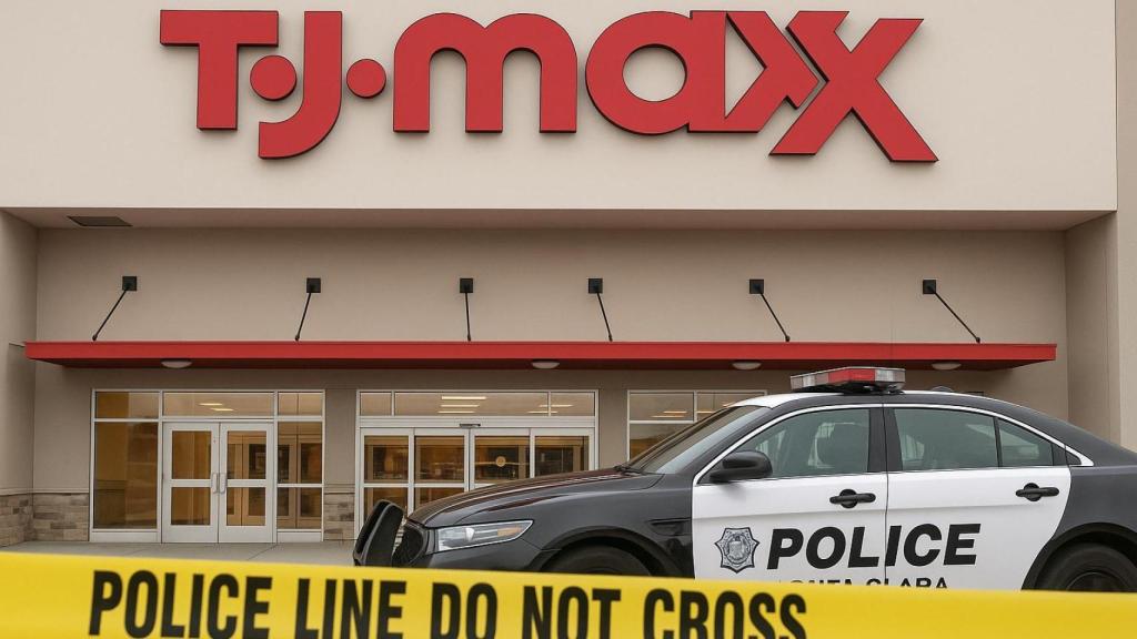 Tienda TJ Maxx y una patrulla de policía.