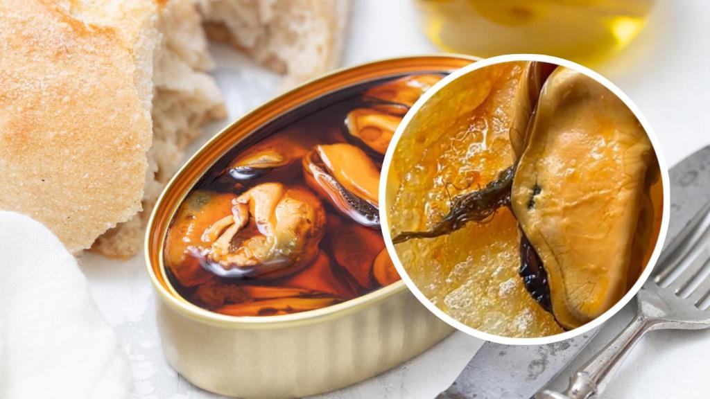 Una lata de mejillones y un mejillón peludo de Mercadona en un montaje