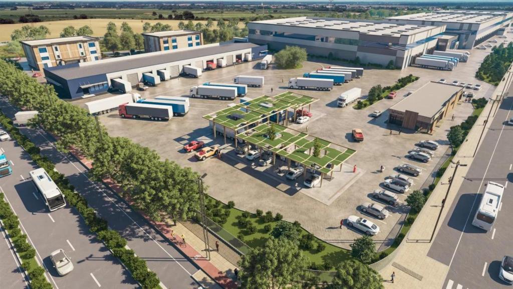 Render sobre cómo sería el parque logístico de Logistik Service de Valdemoro en la actual Ermita de Santiago.