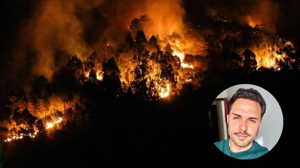 Fotomontaje de un incendio en Quiroga, Lugo, y Ancor Pais, impulsor de la tecnología.
