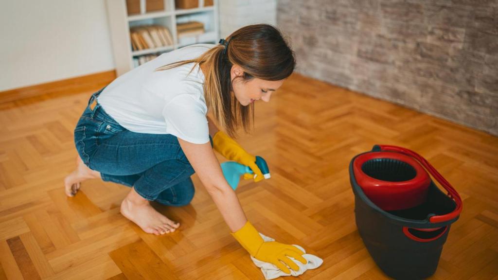 Una mujer limpiando el suelo.