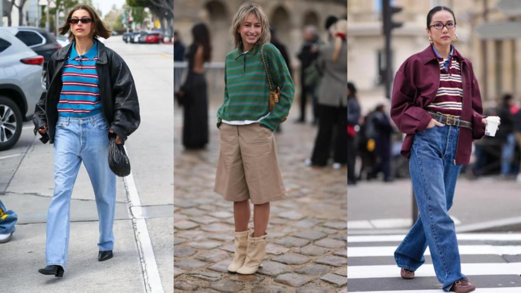 Hailey Bieber, Jeremy Moeller  y una asistente a la Fashion Week de Londres llevando un polo de Miu Miu.