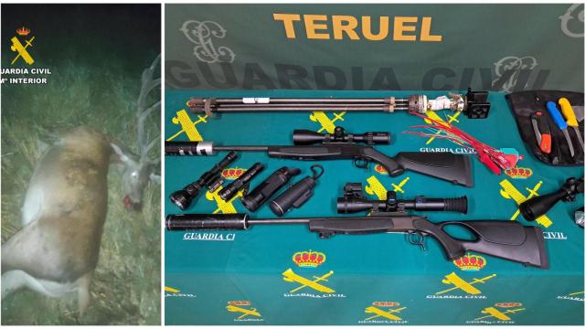 Imágenes de las armas incautadas y del ciervo abatido por los tres detenidos.