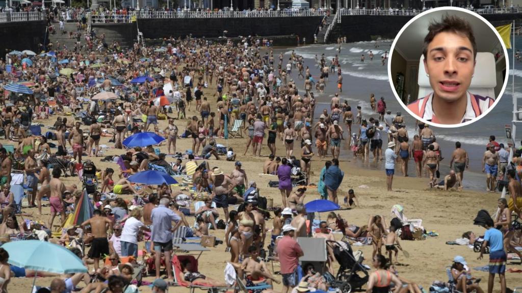 Un gijonés habla sobre el turismo y la playa de San Lorenzo llena de gente.