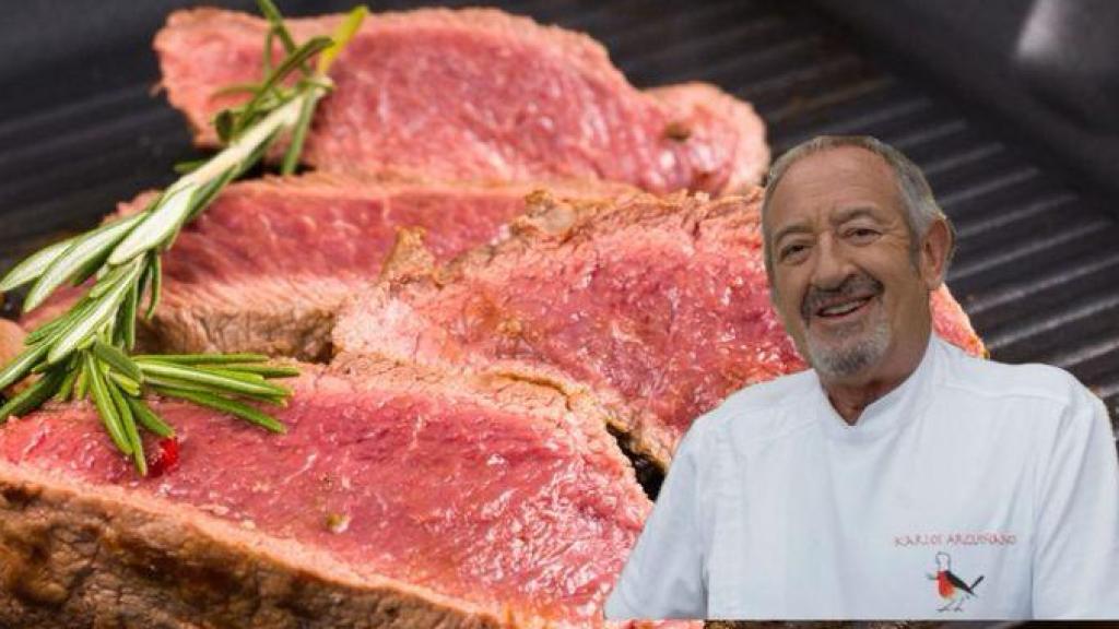 Karlos Arguiñano junto a un filete de hígado a la plancha.