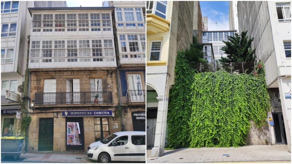 Partes delantera y trasera del edificio del número 19 de la calle Panaderas de A Coruña, que será rehabilitado.