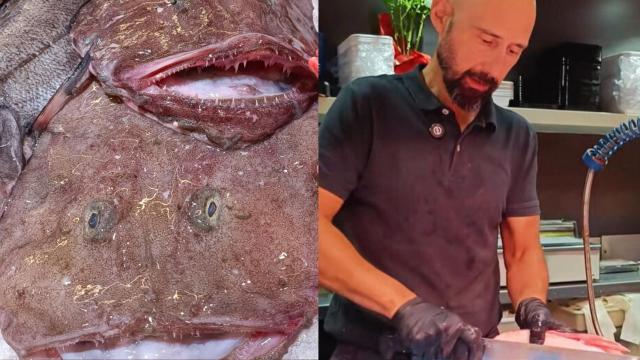 Varios ejemplares de rape en la pescadería y Luis, pescadero.